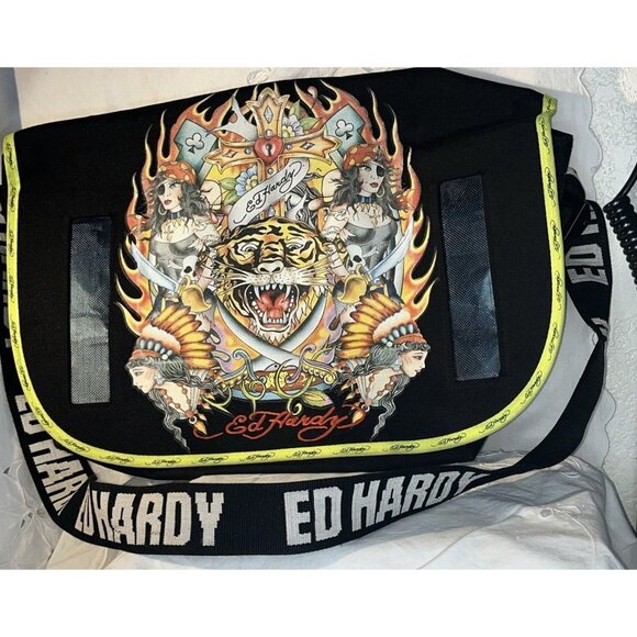 Ed Hardy by Christian Audigier Messenger Laptop Bag Pirate Ladies Tiger Canvas - Picture 11 of 16